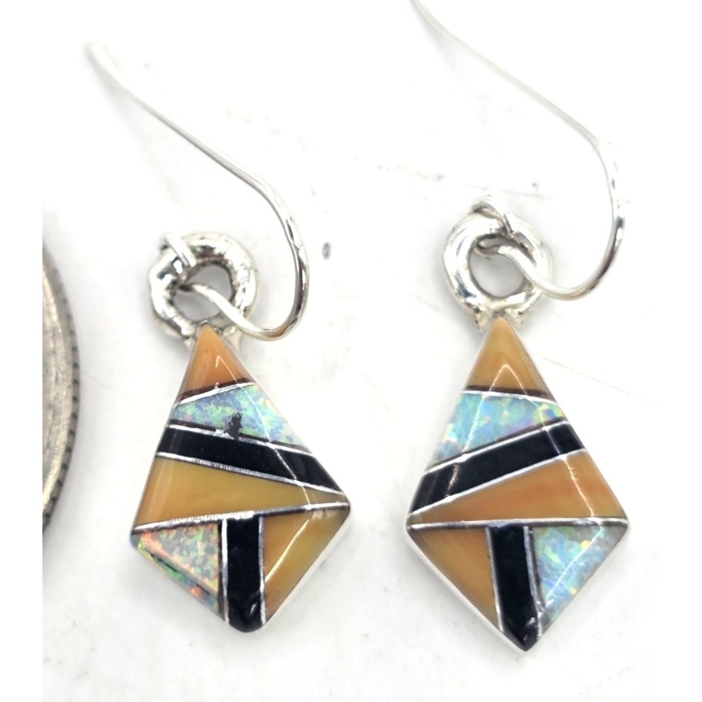 Multi-Gemstone Dangle Earrings Diamond Opal Onyx Handmade Sterling Silver 925 - Picture 4 of 10